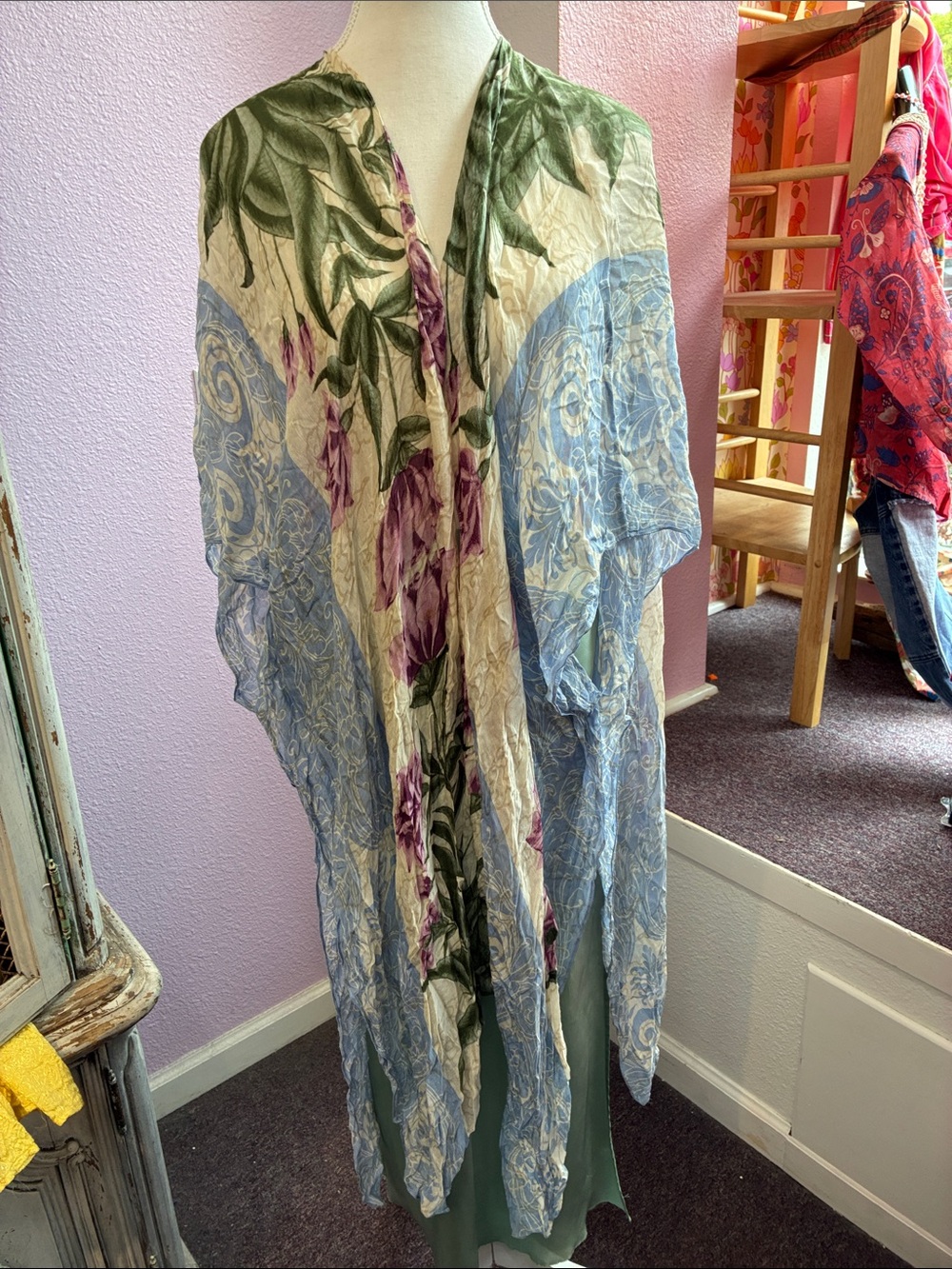 One Hundred Stars Floral Kimono Wrap in Cream, Green & Blue